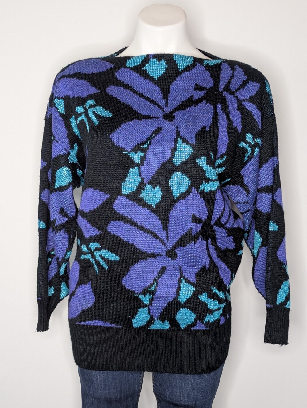 Vintage Andrew St John Blue Black Shimmer Floral Slit Neck Sweater S/M